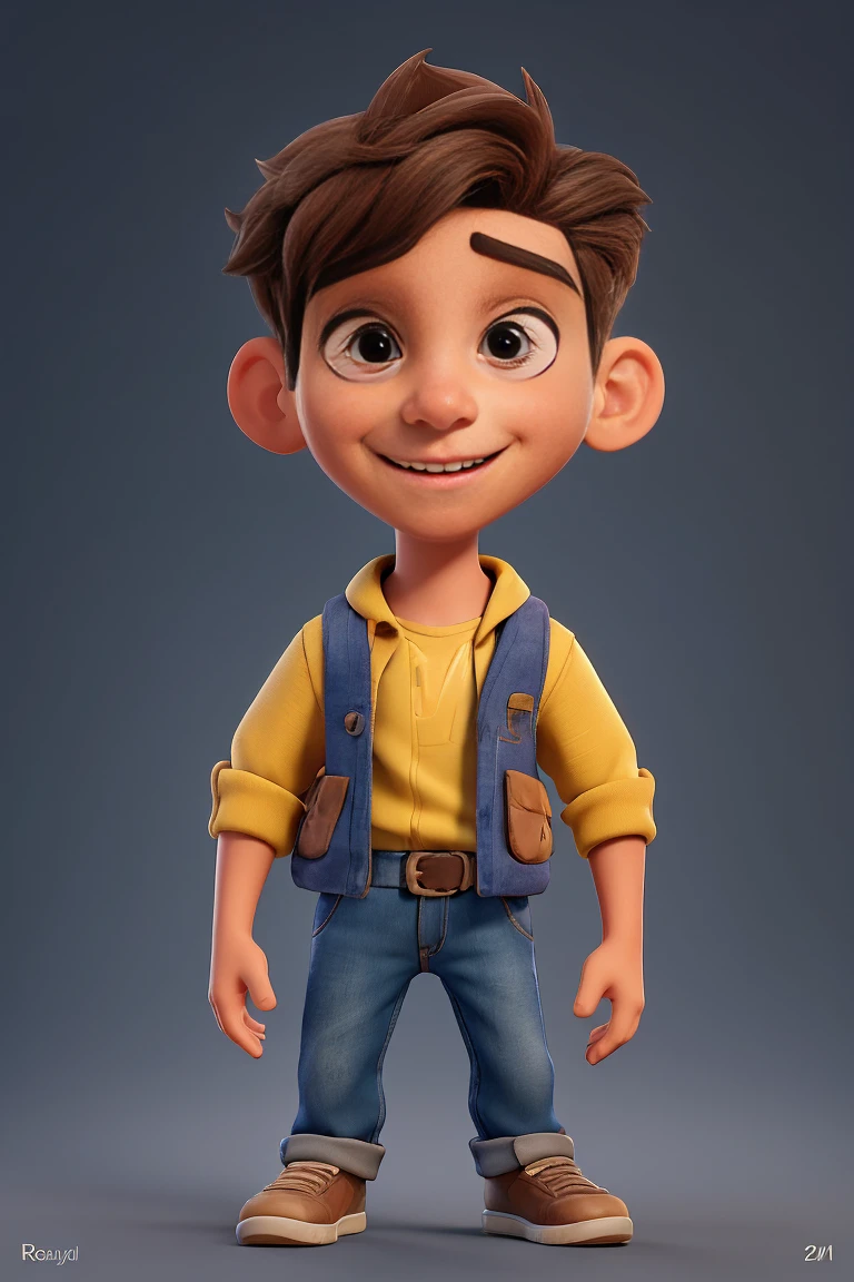(best qualityer, 4K, hdr), Pixar-style, 20 year old young man, natural portrait, Olhos castanhos expressivos, fair brown-skinned, short wavy brown hair, Delivery boy, vibrant yellow outfit, warm and contagious smile, holding a delivery box, confident and friendly posture, Illuminated by the soft light of day, background of an urban street, subtle shadows, dynamic composition, swirly vibrant colors, Meticulous attention to detail, jovial and energetic behavior, warm and inviting atmosphere, perfect rendering, lifelike textures, ultra-detailed facial expression, expressive eyes and lips, sparkling eyes with a touch of enthusiasm, realistic textured hair, clothing details perfectly adapted to the body, sophisticated yet affordable, hardworking and motivating spirit, portrait capturing his enthusiasm and determination, intense focus and energy in the eyes, graceful movement and balanced posture, Creating a sense of movement and energy in the artwork, Impressive clarity and sharpness, immersive three-dimensional effect, perfect lighting highlighting your features in a flattering way, balanced and refined color palette with pops of vibrant tones, increasing the overall visual impact, Finding the right balance between realism and stylization, showing him in a moment of confidence and energy, uma obra-prima atemporal mostrando a juventude e o vigor do Delivery boy moderno