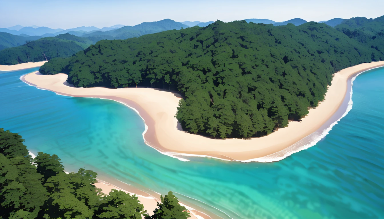 High detail, Sharpness, Clear vision, Sandy beach in the foreground、You can see the forest in the background。