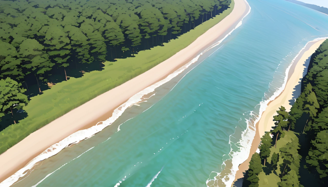 High detail, Sharpness, Clear vision, Sandy beach in the foreground、You can see the forest in the background。