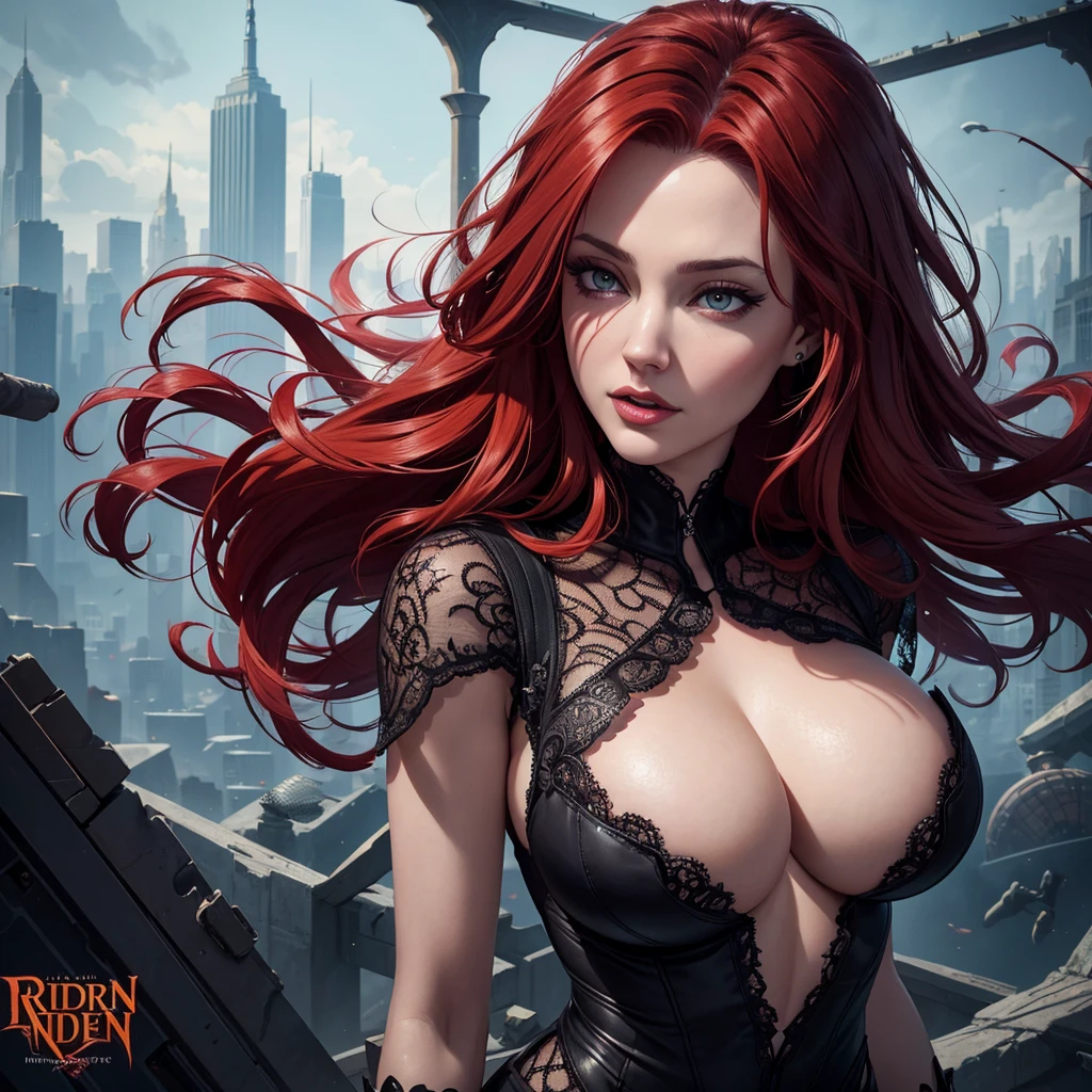 book cover asteroid armaggeddon, , full body of a woman with a stupid face of Winona Ryder morphed with Angelina Jolie with red hair and a city skyline, spider web lace, cracked glass canvas decoration, delight face, extremely laughing, the most gigantic breast, fantasy extremely long hair in the wind, huge moo in the backround, dan mumford tom bagshaw, in style of digital illustration, a beautiful artwork illustration, stunning digital illustration, stylized urban fantasy artwork, detailed matte fantasy portrait, epic portrait illustration, anna dittman, exquisite digital illustration, martin ansin artwork portrait, in style of dark fantasy art, red haired goddess