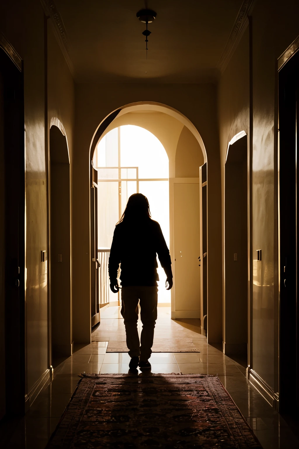 A hallway with a balcony, at the end of the hallway the silhouette of a man with long hair 