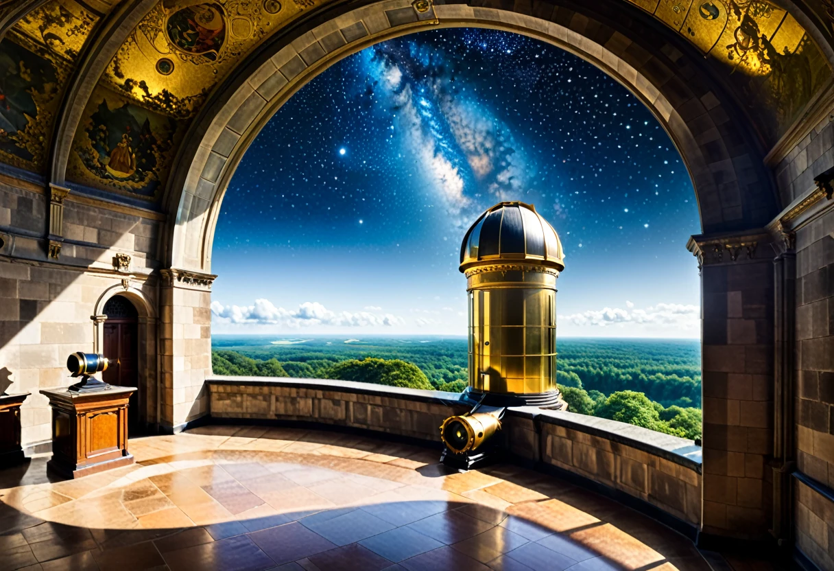 The 18th century telescope was located in an indoor observatory on the top floor of the building, with the side of the circular dome-shaped roof open, allowing a long telescope to be pointed diagonally upwards to observe the starry sky. Scholars gathered in the hollowed-out corridor surrounding the telescope, which rose up from the floor below, discussing something in the Laputa Kingdom's royal castle in the sky.