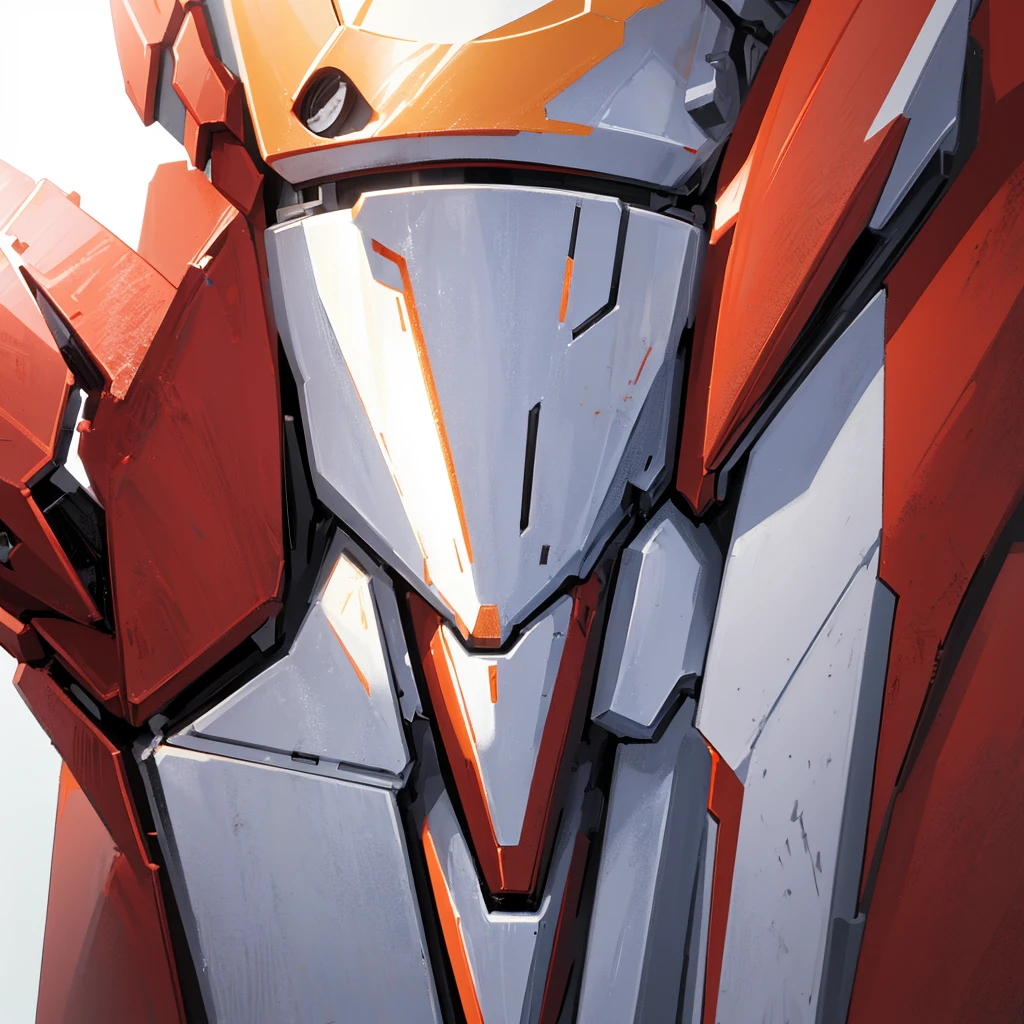 A red humanoid mecha made of steel,There is no one in the picture,A huge mecha shining with golden light,((Pure white background))