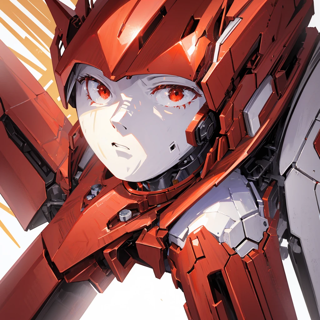 A red humanoid mecha made of steel，There is no one in the picture，A huge mecha shining with golden light，((Pure white background))