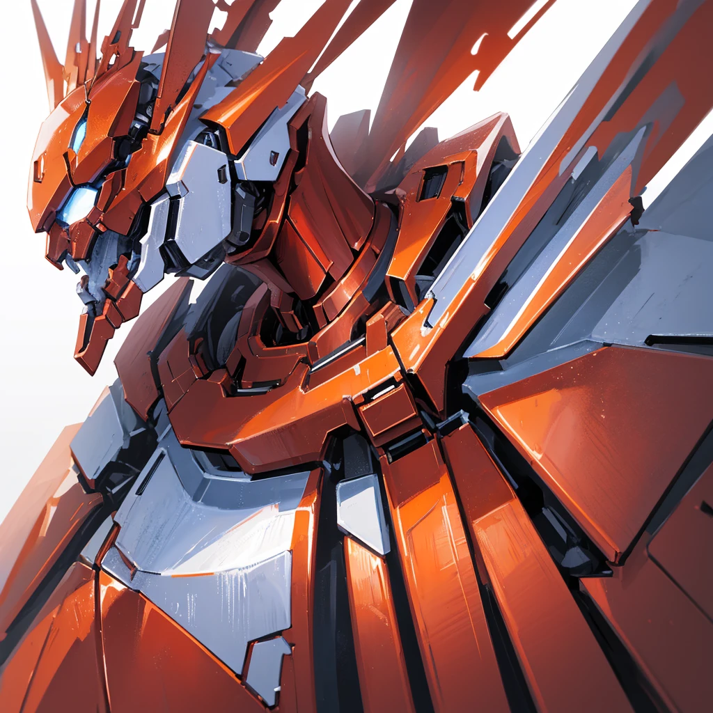 A red humanoid mecha made of steel,There is no one in the picture,A huge mecha shining with golden light,((Pure white background))