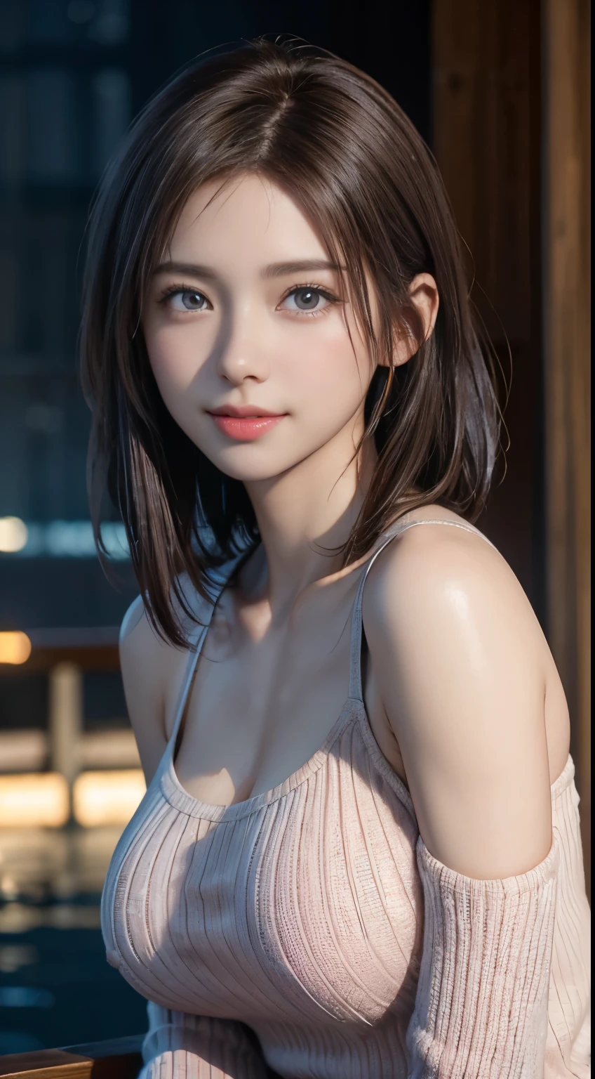 (logo, masterpiece, 8K, Tabletop, RAW Photos, wonderful, 最high quality, Photorealistic and very detailed CG composite 8k wallpaper, high quality, Very detailed, Narrative poem, Particle Effects, Dynamic Effects, Depth of the Boundary, Cinematic Light, Lens flare, Ray Tracing), short hair beautiful young woman, Hair tied back, high detail skin, very fine, fine skin texture, beautiful face, realistic eyes, beautifully detailed eyes, realistic skin, beautiful skin, surreal, smiling eyes, Hair and light eyes, Vibrant, Colorful lights and bokeh. The lighting casts a warm glow on her face and hair, Blue glow, Water surface reflection, Creates a dreamy and magical atmosphere, Big Breasts, Brown Hair, short hair, plump lower lip, pink blush on the cheeks , pink lips, brown tight no-shoulder knit sweater