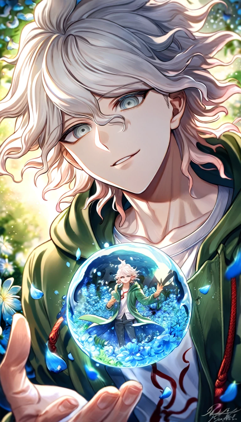 absurdres, highres, ultra detailed, HDR, master piece, Komaeda Nagito, white hair, expressive light green-grey eyes, green coat with a hoodie,white shirt, Danganronpa, man, handsome, best quality, blue moon, flowers, fantasy, magical, solo, water, blue shining fireflies, blue petals, handsome smile,