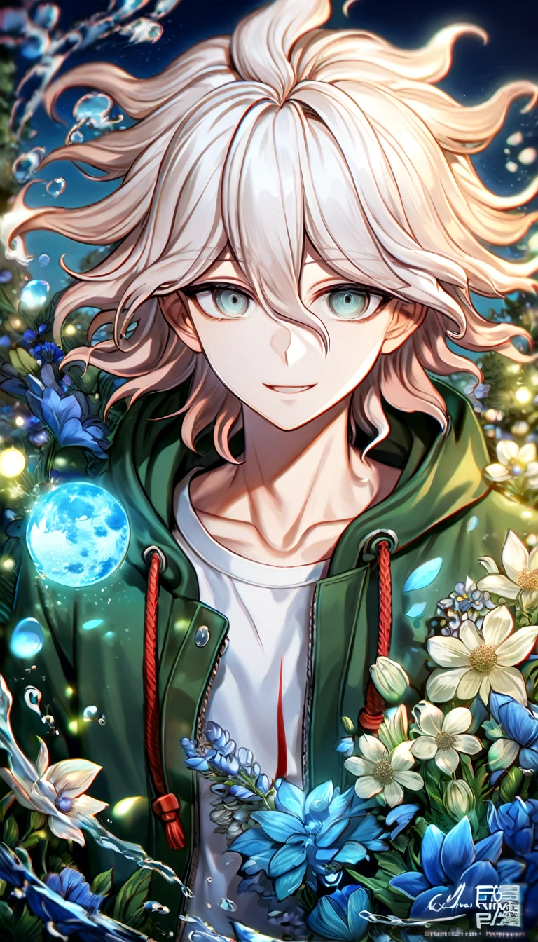 absurdres, highres, ultra detailed, HDR, master piece, Komaeda Nagito, white hair, expressive light green-grey eyes, green coat with a hoodie,white shirt, Danganronpa, man, handsome, best quality, blue moon, flowers, fantasy, magical, solo, water, blue shining fireflies, blue petals, handsome smile,