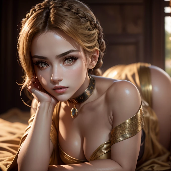 1girl, beautiful detailed eyes, beautiful detailed lips, extremely detailed face, long eyelashes, beautiful woman, long legs, Sexy miniskirt, updo hairstyle, ancient Roman setting, provocative pose, transparent clothing, vintage fashion, braided hair, European, blonde hair, photorealistic, 8K, high quality, detailed description, dramatic lighting, warm color palette, clair obscur, dramatic contrast, renaissance art style, (best quality,4K,8K,highres,masterpiece:1.2),ultra-detailed,(realistic,photorealistic,photo-realistic:1.37),With cape,Ragged clothes,Wearing a collar around the neck