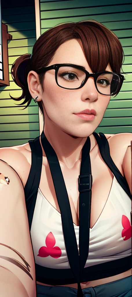 Short stoner hipster girl with glasses, Match Face And Tattoos from image above:2), brown hair:1.4, brown eyes, droopy b-cup tits:1.3, naked stretch-marked saggy tits:1.3, huge nipples:1.2, stretch marks:1.5, cannabis smoke, small skull and heart lineart tattoo on left collarbone:1.3, getting fucked rough:1.3, looking up at you, large penis:1.3, orgasm face:1.3, moaning:1.3, vaginal sex:1.5, mating press:1.3, vaginal penetration:1.3, flopping tits:1.5, action shot of flopping saggy tits:1.5 COMPLETELY NUDE:1.5