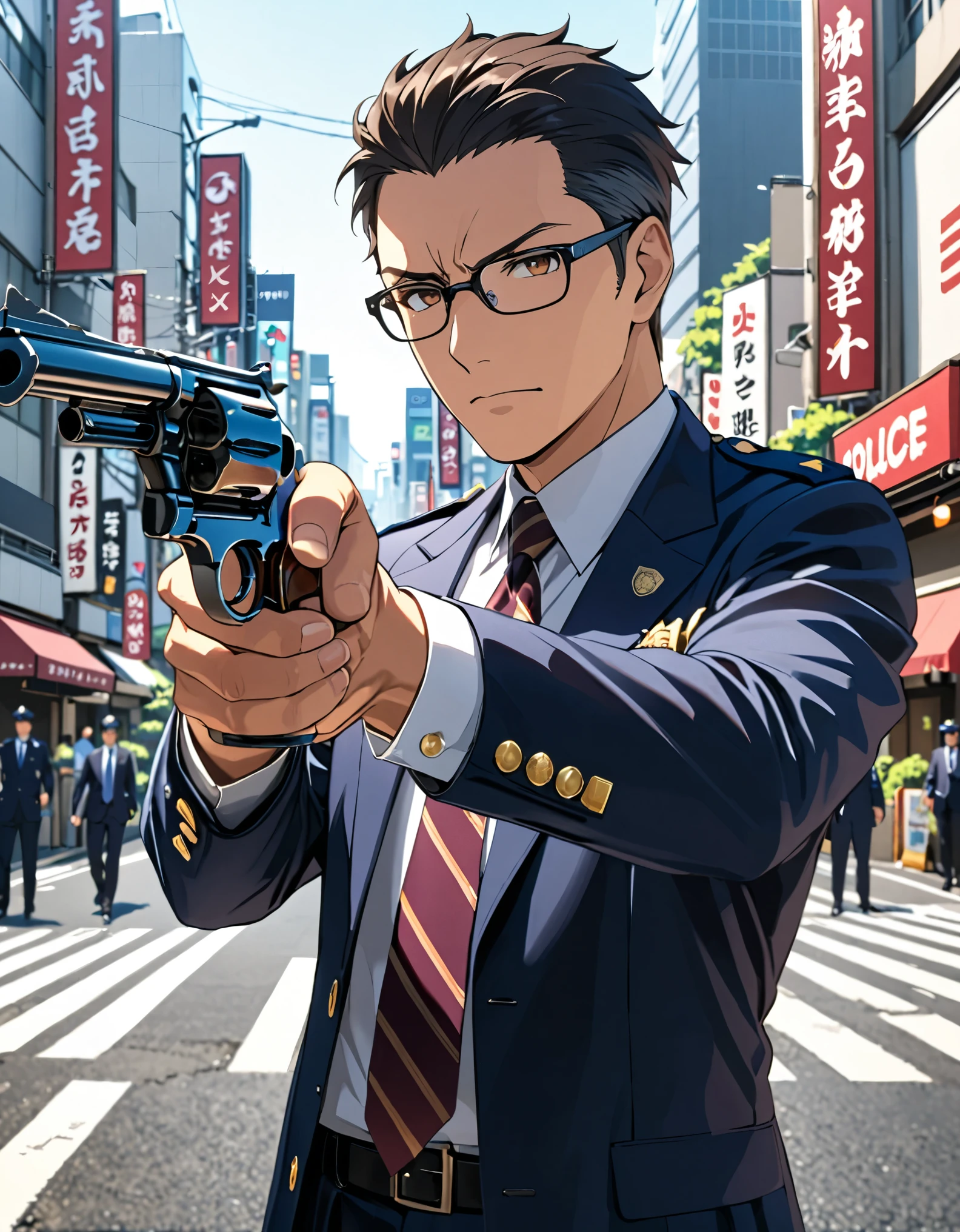 (masterpiece), (best quality), (high res), 1man, (middle-aged man, age 52), anime style, japanese policeman, suit and tie, police uniform, police captain, police commissioner, (black hair, short hair, fade haircut), hazel eyes, glasses, black-framed eyewear, (lora:perfect hands:1) holding a gun with one hand, 357 magnum revolver), tokyo city street backdrop, solo, solo focus