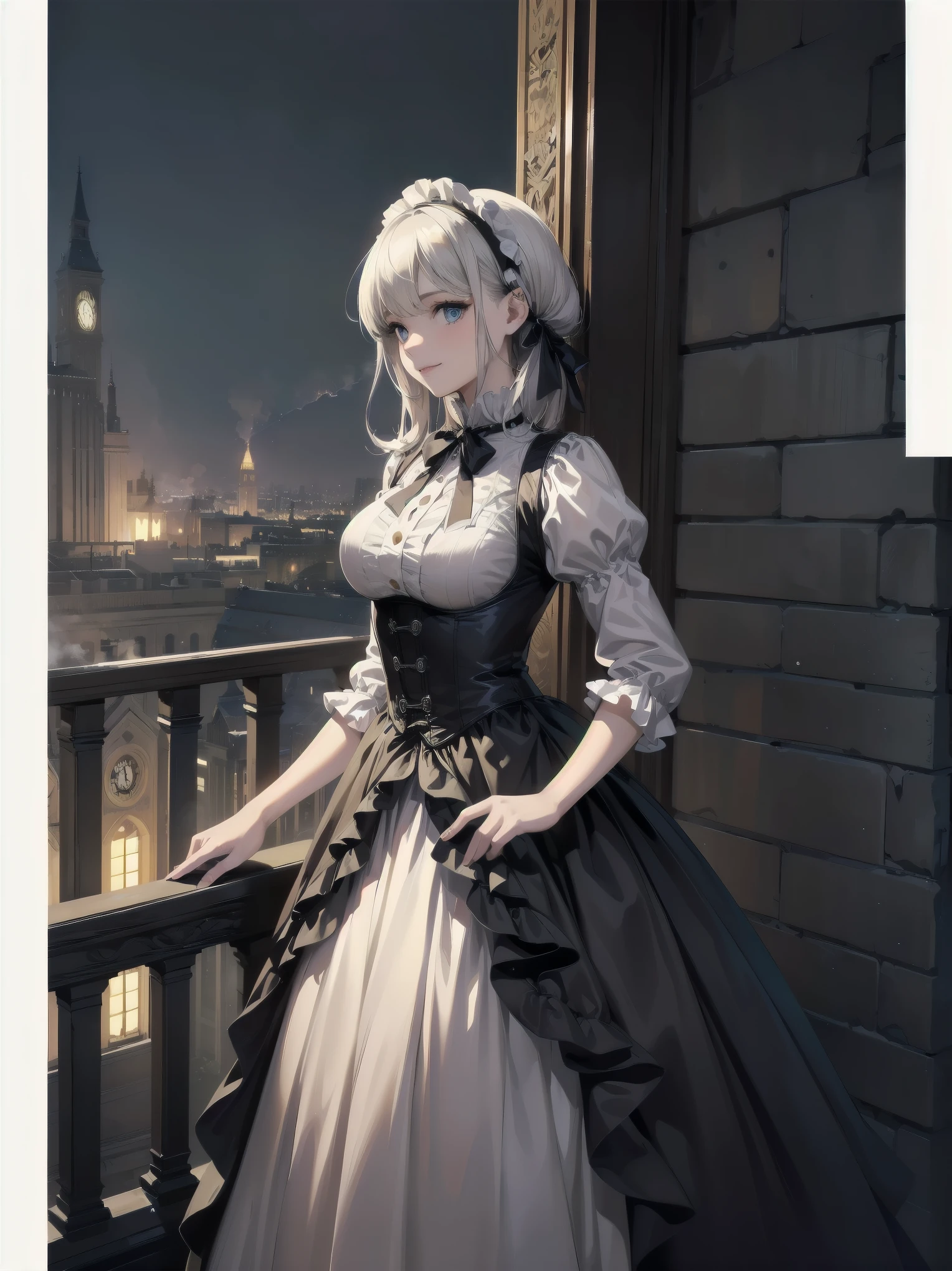 (Highest quality、16K、masterpiece、Ultra-high resolution、Victorian era、Photorealistic:1.2)、A delicate ta girl, aged 13, stands on a castle balcony at dusk, surrounded by the city's skyline and steampunk contraptions. Her platinum hair is messy, framing her androgynous charm. She wears a flowing white dress with a light green tie and holds a pocket watch in hand. A subtle smile plays on her lips as she gazes out at the night view, her eyes shining like sapphires. The air is filled with steam spewing from pipes, adding to the surreal atmosphere. Her skin glows with an ultra-dense texture, and her fingers are full and detailed.