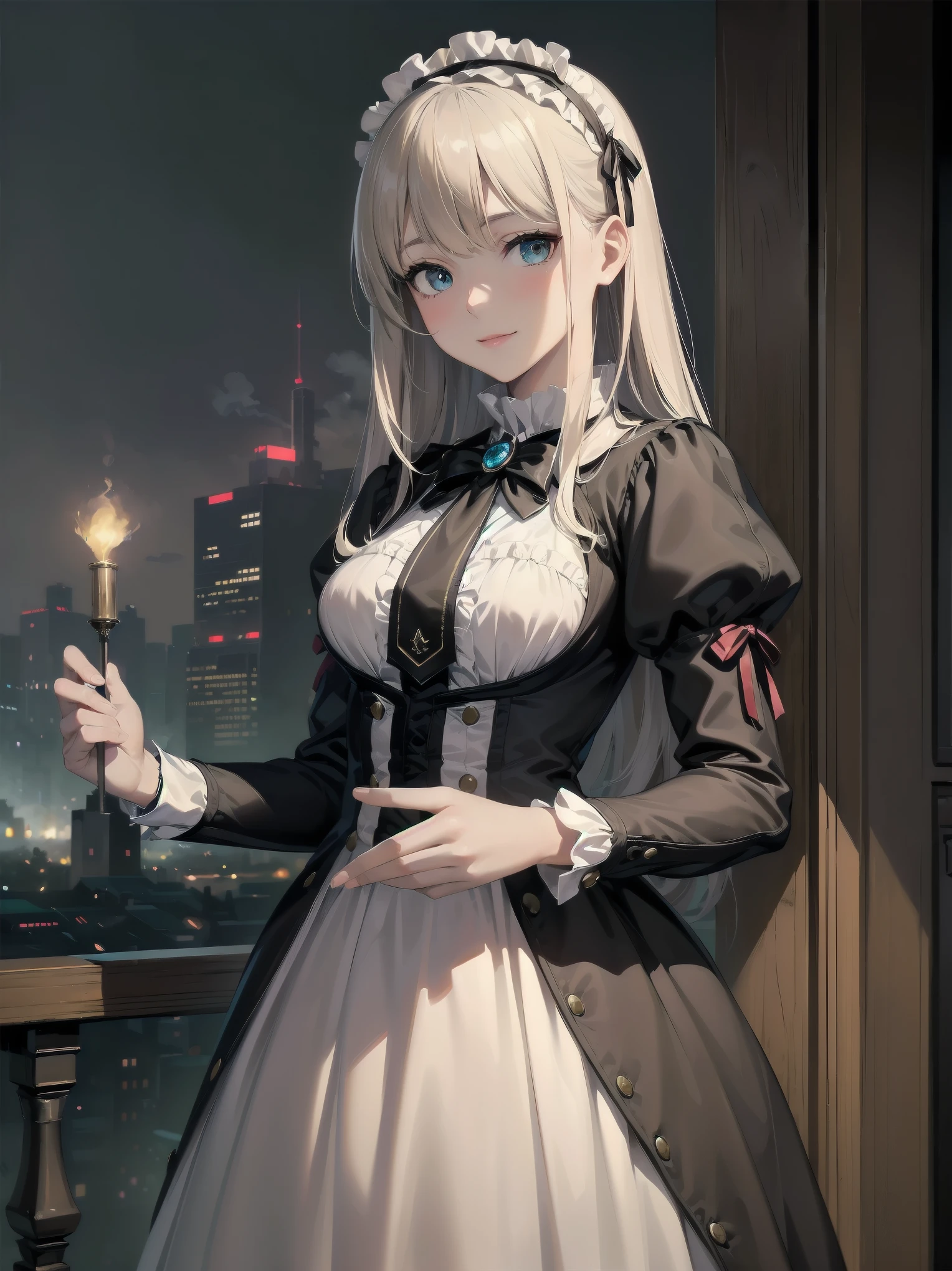 (Highest quality、16K、masterpiece、Ultra-high resolution、Victorian era、Photorealistic:1.2)、A delicate Lolita girl, aged 13, stands on a castle balcony at dusk, surrounded by the city's skyline and steampunk contraptions. Her platinum hair is messy, framing her androgynous charm. She wears a flowing white dress with a light green tie and holds a pocket watch in hand. A subtle smile plays on her lips as she gazes out at the night view, her eyes shining like sapphires. The air is filled with steam spewing from pipes, adding to the surreal atmosphere. Her skin glows with an ultra-dense texture, and her fingers are full and detailed.