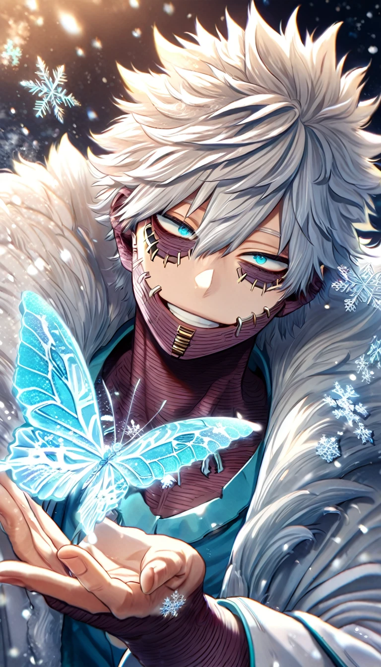 absurdres, highres, ultra detailed, HDR, master piece, best quality, extremely detailed, Dabi, white hair, expressive turquoise eyes, Boku No Hero Academia, solo, sexy man, handsome, smiling, white coat with fur, magical, fantasy, snowflakes, ice butterflies, ice, snowing