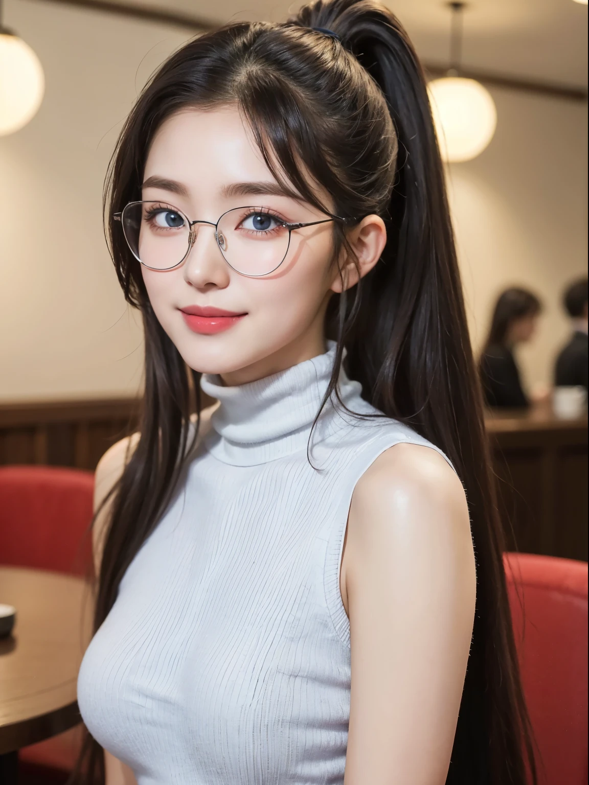 (Best quality, masterpiece, detailed), (RAW, 4k, hd images), 1 girl, , white skin, long hair, ponytail, layers hair, bangs, black hair, beautiful girl, cute girl, sweet girl, pretty girl, perfect girl, perfect body, pretty eyes, blue eyes, thin lips, (eye line, lip soft), perfect breast, glasses(detailed frame), indoors, cafe, smile, hazelnut sleeveless turtleneck, upper body, cenimatic light