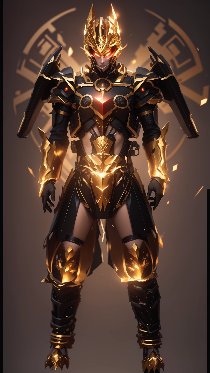 Mainly Western armor,The whole thing is a mixture of gold and red,There are many gorgeous carvings all over the body,Let them coexist,This can also be done around the eyes. The entire surface should be red and gold,There are no other colors.,Does not contain any other colors,There should be a lot of crystal effects like crystal。The color changes to red and gold,Some red and gold(Ensure its layering and armor texture,Red as main color,Add some gold for decoration)