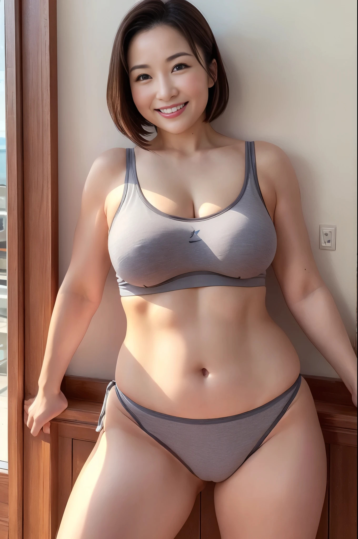 Mature attractive woman、Grey Fitness Underwear、Plump body、smile、Gym、masterpiece、Highest quality
