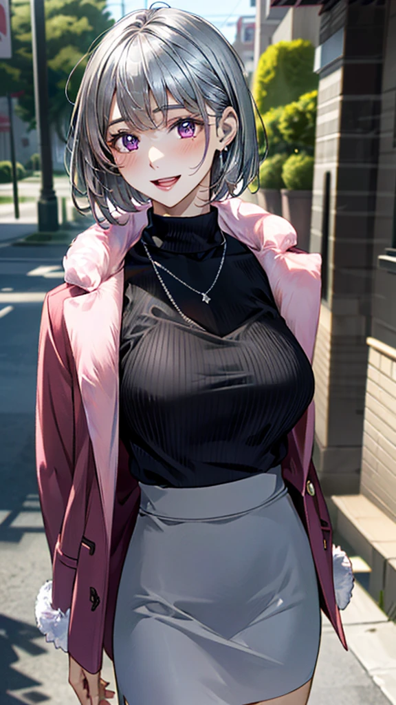 (masterpiece:1.3, top-quality, ultra high res, ultra detailed), (realistic, photorealistic:1.4), beautiful illustration, perfect lighting, natural lighting, colorful, depth of fields, 
beautiful detailed hair, beautiful detailed face, beautiful detailed eyes, beautiful clavicle, beautiful body, beautiful chest, beautiful thigh, beautiful legs, beautiful fingers, 
looking at viewer, 1 girl, japanese, high school girl, perfect face, (perfect anatomy, anatomically correct), cute and symmetrical face, face, , shiny skin, 
(short hair:1.5, pixie cut:1.4, brown hair), swept bangs, cliped bangs, dark purple eyes, long eye lasher, (medium breasts), slender, 
(((long sleeve pink fur jacket, round-neck black sweater, silver tight skirt)), necklace, , 
(beautiful scenery), evening, (downtown), standing, hands on chest, (seductive smile, open mouth), 