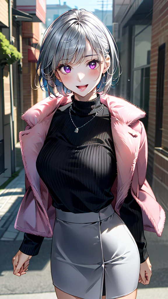 (masterpiece:1.3, top-quality, ultra high res, ultra detailed), (realistic, photorealistic:1.4), beautiful illustration, perfect lighting, natural lighting, colorful, depth of fields,
beautiful detailed hair, beautiful detailed face, beautiful detailed eyes, beautiful clavicle, beautiful body, beautiful chest, beautiful thigh, beautiful legs, beautiful fingers,
looking at viewer, 1 girl, japanese, high school girl, perfect face, (perfect ???????, anatomically correct), cute and symmetrical face, babyface, , shiny skin,
(short hair:1.5, pixie cut:1.4, brown hair), swept bangs, cliped bangs, dark purple eyes, long eye lasher, (medium breasts), slender,
(((long sleeve pink fur jacket, round-neck black sweater, silver tight skirt)), necklace, ,
(beautiful scenery), evening, (downtown), standing, hands on chest, (seductive smile, open mouth),