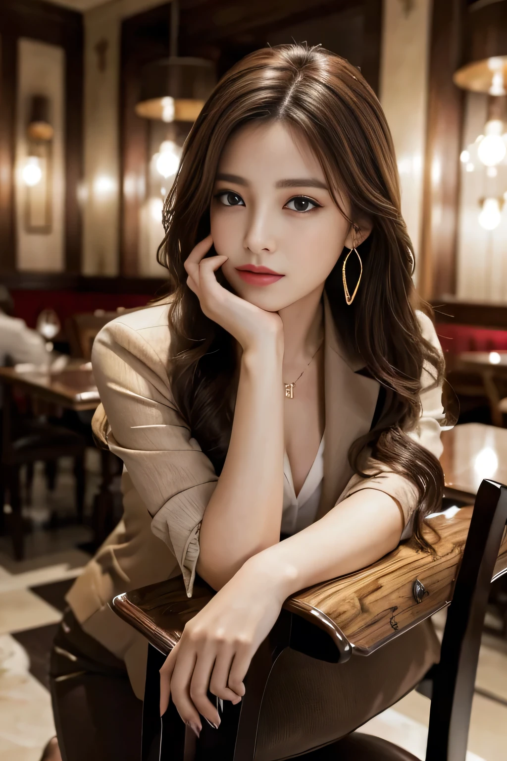 masterpiece, Highest quality, Realistic, Very detailed, Finer details, High resolution, 8k wallpaper, One beautiful woman, Wear a nice suit, In a great restaurant, At night, Light brown messy hair, Perfect dynamic composition, Beautiful and beautiful eyes、Big earrings、Sit on a chair、