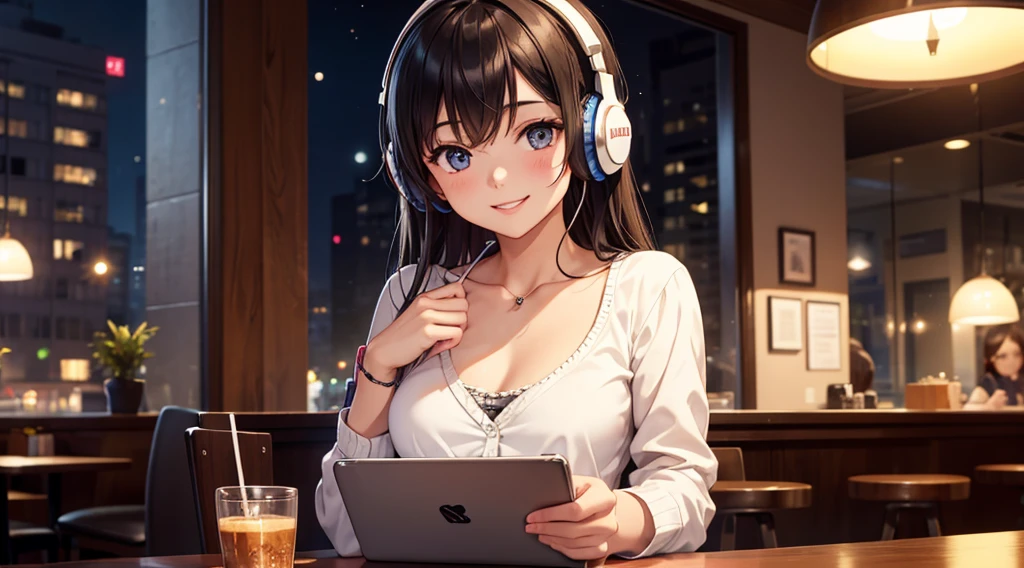 Girl with headphones enjoying music in a cafe I am studying Emphasize a little bit of the chest Looking this way and smiling Night Background