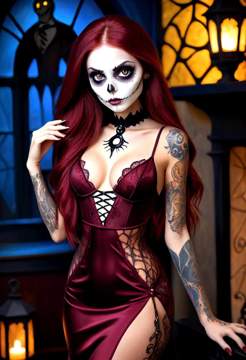 Create a hyper detailed photograph of a nightmare before Christmas tattoos young sexy stunning gorgeous sally Skellington, Stunningly perfect gorgeous face, perfect makeup, detailed vibrant eyes, maroon long hair,detailed perfect beautiful legs, detailed perfect beautiful arms, realistic torso, detailed silky smooth skin texture, detailed silky smooth perky breast, perfect round ass, sexy transparent strappy lace lingerie dress, back to viewer looking forward,