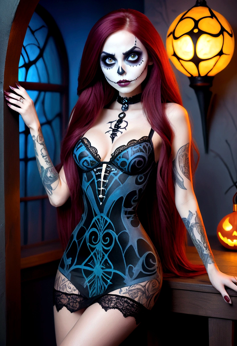 Create a hyper detailed photograph of a nightmare before Christmas tattoos young sexy stunning gorgeous sally Skellington, Stunningly perfect gorgeous face, perfect makeup, detailed vibrant eyes, maroon long hair,detailed perfect beautiful legs, detailed perfect beautiful arms, realistic torso, detailed silky smooth skin texture, detailed silky smooth perky breast, perfect round ass, sexy transparent strappy lace lingerie dress, back to viewer looking forward,