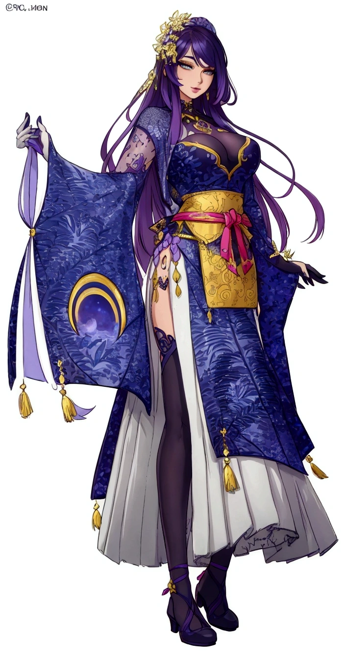 a beautiful woman with wisteria trees behind her during a full moon