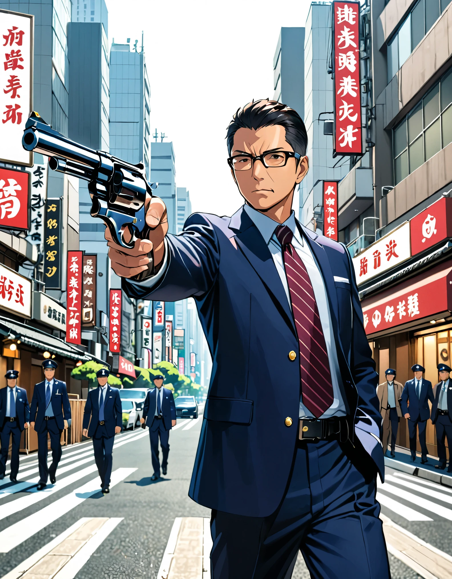 (masterpiece), (best quality), (high res), 1man, (middle-aged man, age 52), anime style, japanese policeman, suit and tie, police uniform, police captain, police commissioner, (black hair, short hair, fade haircut), hazel eyes, glasses, black-framed eyewear, (lora:perfect hands:1) holding a gun with one hand, 357 magnum revolver), tokyo city street backdrop, solo, solo focus