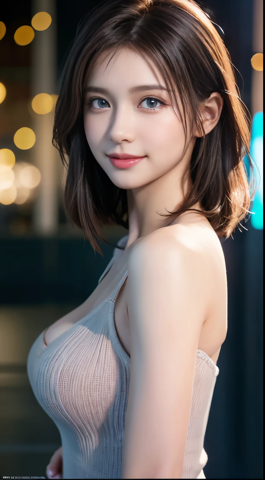 (logo, masterpiece, 8K, Tabletop, RAW Photos, wonderful, 最high quality, Photorealistic and very detailed CG composite 8k wallpaper, high quality, Very detailed, Narrative poem, Particle Effects, Dynamic Effects, Depth of the Boundary, Cinematic Light, Lens flare, Ray Tracing), short hair beautiful young woman, Hair tied back, high detail skin, very fine, fine skin texture, beautiful face, realistic eyes, beautifully detailed eyes, realistic skin, beautiful skin, surreal, smiling eyes, Hair and light eyes, Vibrant, Colorful lights and bokeh. The lighting casts a warm glow on her face and hair, Blue glow, Water surface reflection, Creates a dreamy and magical atmosphere, Big Breasts, Brown Hair, short hair, plump lower lip, pink blush on the cheeks , pink lips, brown tight no-shoulder knit sweater
