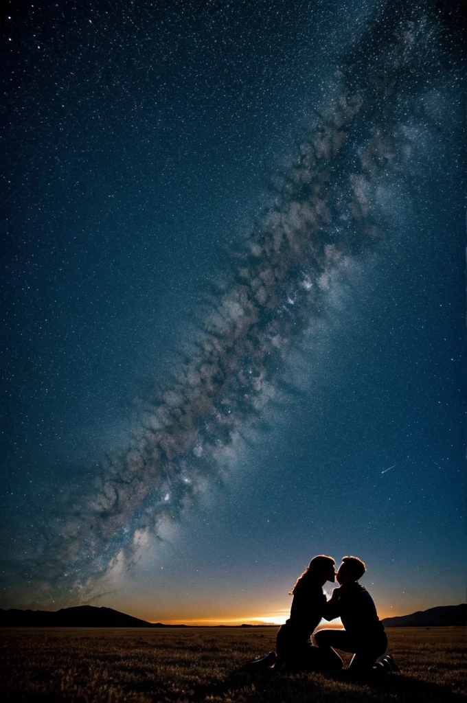 Two people hugging in the middle of space 

