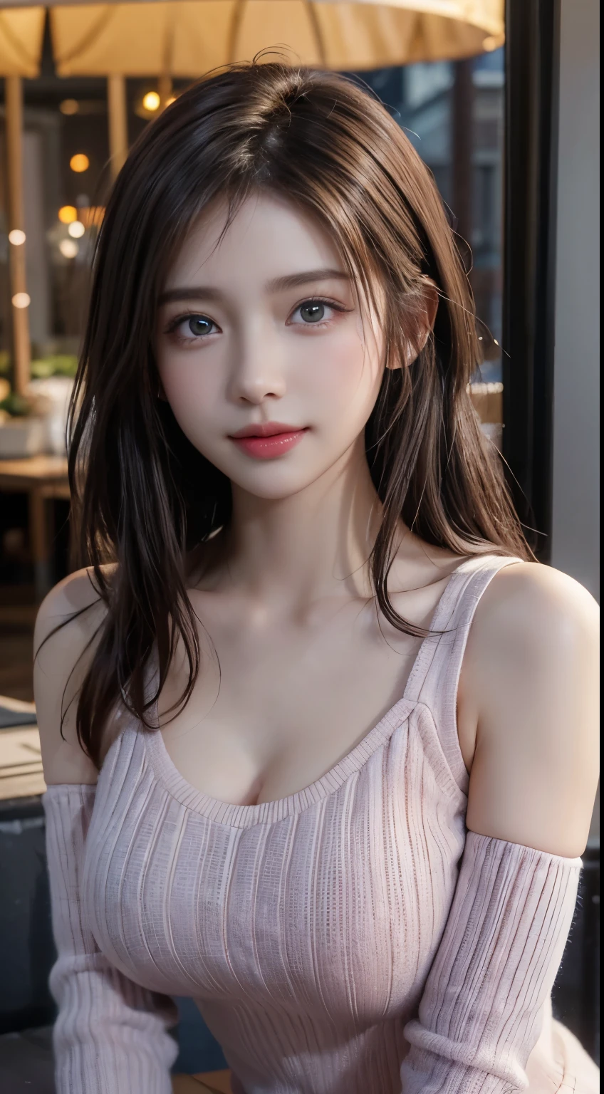 (logo, masterpiece, 8K, Tabletop, RAW Photos, wonderful, 最high quality, Photorealistic and very detailed CG composite 8k wallpaper, high quality, Very detailed, Narrative poem, Particle Effects, Dynamic Effects, Depth of the Boundary, Cinematic Light, Lens flare, Ray Tracing), short hair beautiful young woman, Hair tied back, high detail skin, very fine, fine skin texture, beautiful face, realistic eyes, beautifully detailed eyes, realistic skin, beautiful skin, surreal, smiling eyes, Hair and light eyes, Vibrant, Colorful lights and bokeh. The lighting casts a warm glow on her face and hair, Blue glow, Water surface reflection, Creates a dreamy and magical atmosphere, Big Breasts, Brown Hair, short hair, plump lower lip, pink blush on the cheeks , pink lips, brown tight no-shoulder knit sweater