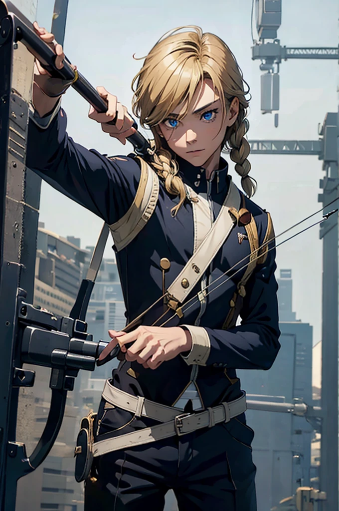 1 Man, shooting bow and arrow, uniform, magic powers, Dark Blonde