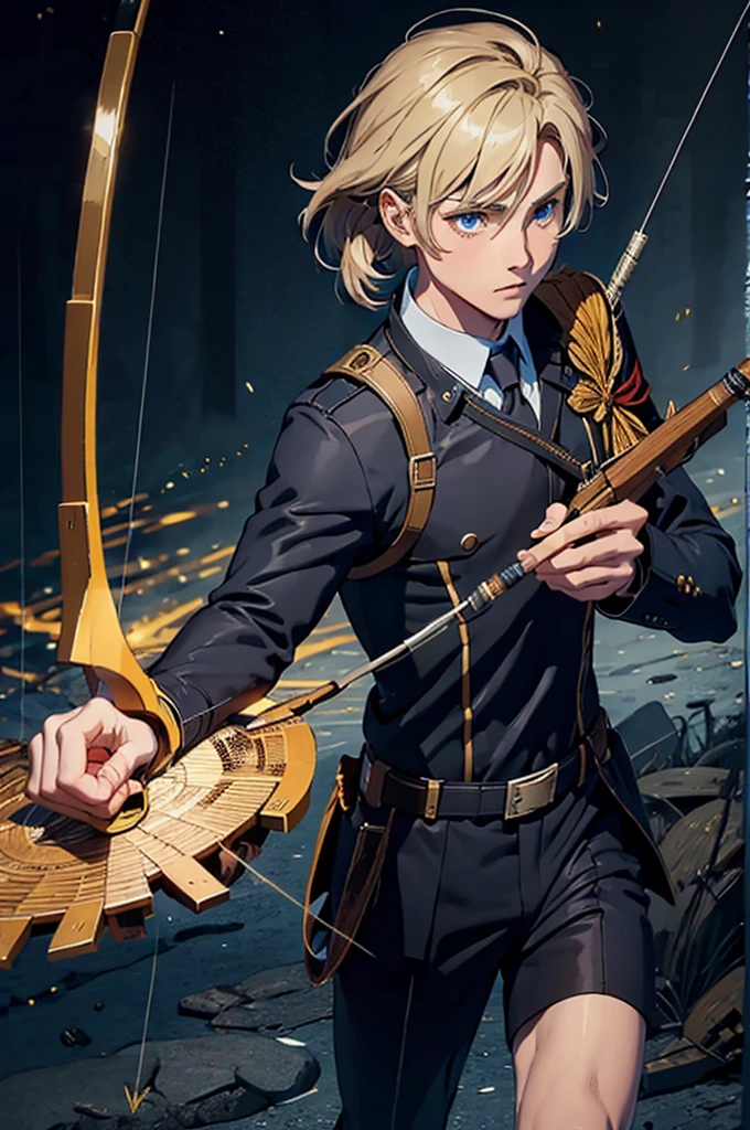 1 Man, shooting bow and arrow, uniform, magic powers, Dark Blonde