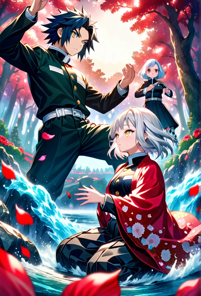 Ultra detailed, high resolution, absurd, HDR, masterpiece, anime girl and boy, beautiful woman with long white hair with deep red streaks, girl with yellow eyes, the girl is wearing a red haori, black demon slayer uniform, Kimetsu No Yaiba, fantasy, petals, red flowers, beautiful, Tomioka Giyu, Water Hashira, Tomioka is training the girl using katanas, Hashira training, magic, sun, daylight, forest, best quality, extremely detailed face, anime, They are training in the demon slayer corps, attack position, calm countenances, power of water and blood