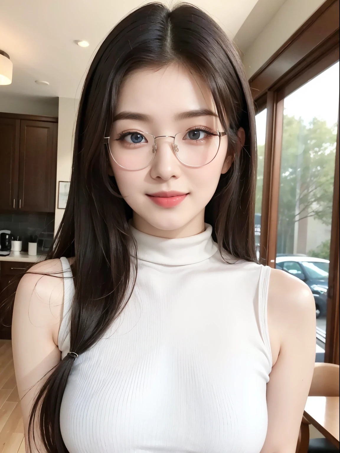 (Best quality, masterpiece, detailed), (RAW, 4k, hd images), 1 girl, 17 years old, white skin, long hair, ponytail, layers hair, bangs, black hair, beautiful girl, cute girl, sweet girl, pretty girl, perfect girl, perfect body, pretty eyes, blue eyes, thin lips, (eye line, lip soft), perfect breast, glasses(detailed frame), indoors, cafe, smile, hazelnut sleeveless turtleneck, photo on the middle fancing camera, upper body, cenimatic light