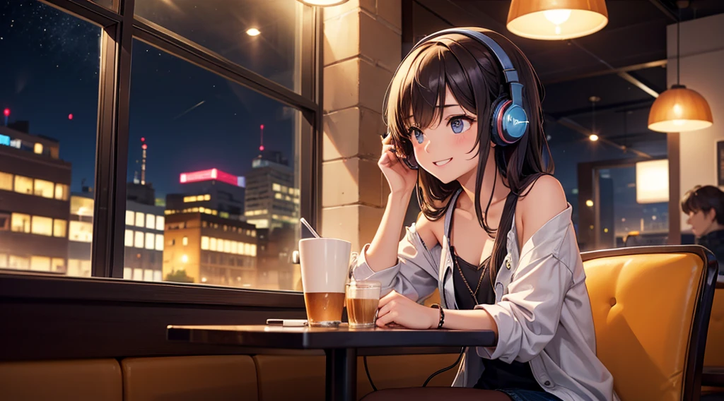 Girl with headphones enjoying music in a cafe　I am studying　Emphasize a little bit of the chest　Looking this way and smiling　Night Background