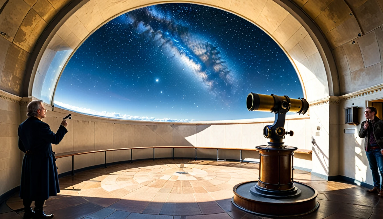 The 18th century telescope was located in an indoor observatory on the top floor of the building, with the side of the circular dome-shaped roof open, allowing a long telescope to be pointed diagonally upwards to observe the starry sky. Scholars gathered in the hollowed-out corridor surrounding the telescope, which rose up from the floor below, discussing something in the royal castle in the sky.