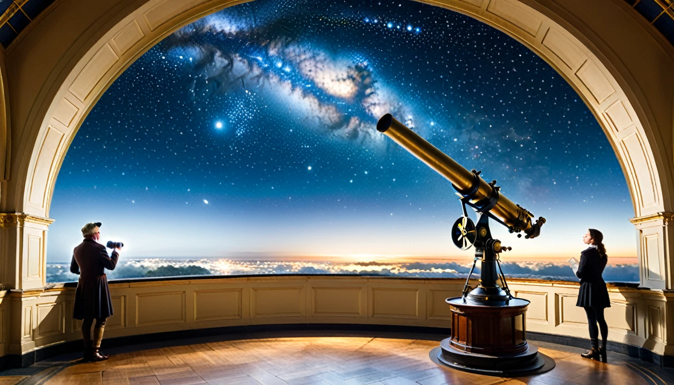 The 18th century telescope was located in an indoor observatory on the top floor of the building, with the side of the circular dome-shaped roof open, allowing a long telescope to be pointed diagonally upwards to observe the starry sky. Scholars gathered in the hollowed-out corridor surrounding the telescope, which rose up from the floor below, discussing something in the royal castle in the sky.