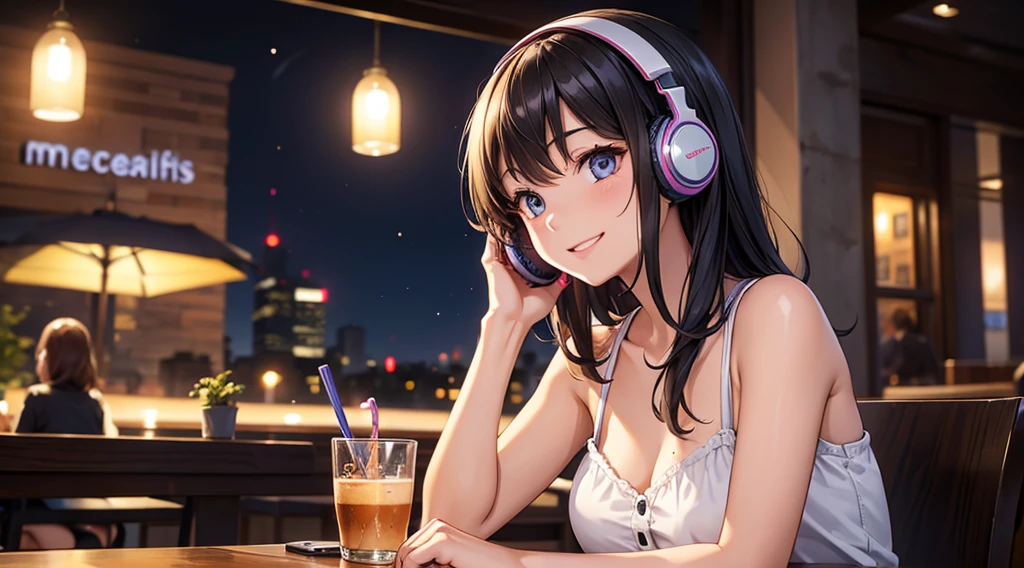 Girl with headphones enjoying music in a cafe　I am studying　Emphasize a little bit of the chest　Looking this way and smiling　Night Background