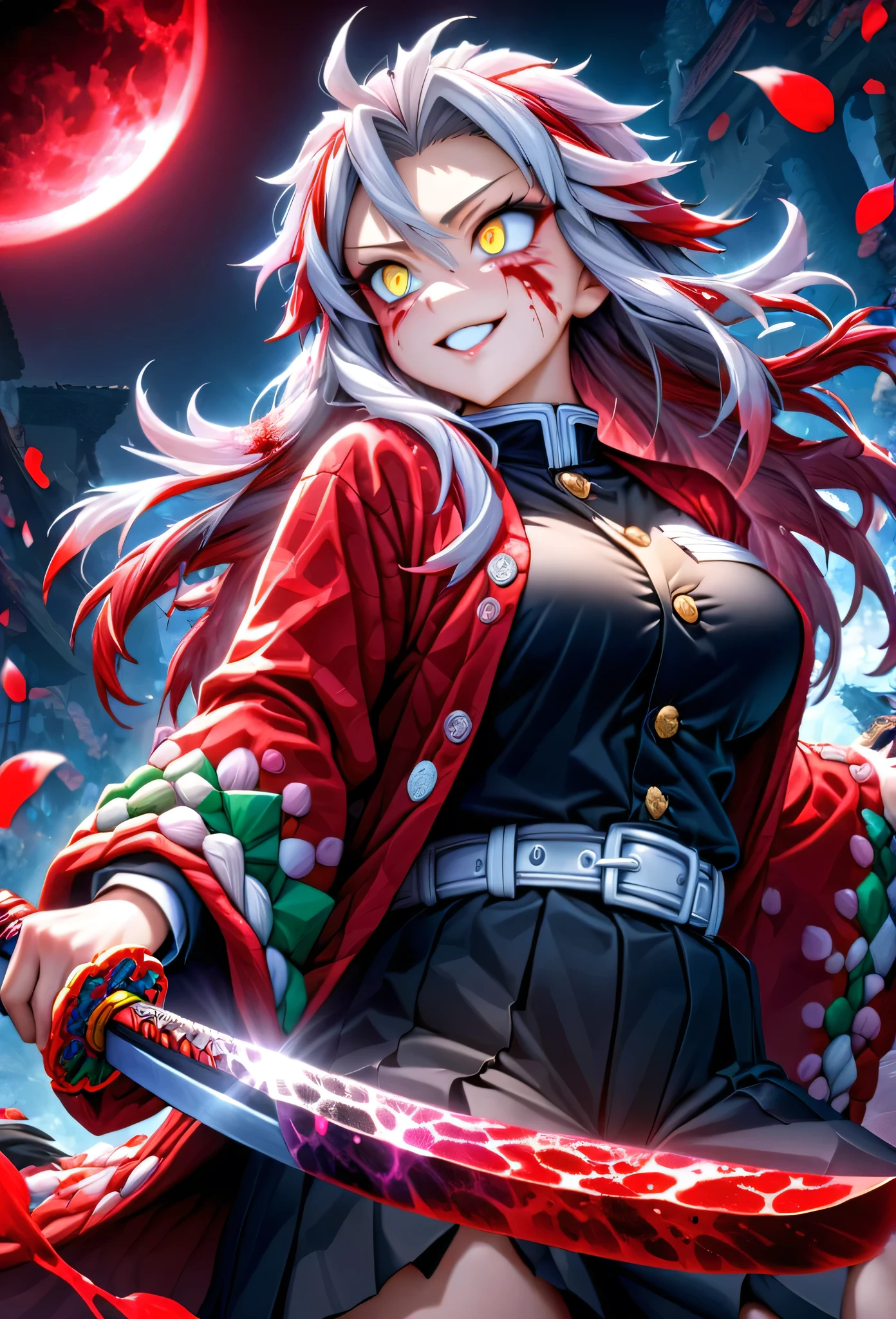 Ultra detailed, highres, absurdres, HDR, master piece, anime girl, pretty woman, white long hair with red streaks, expressive yellow eyes, red haori with patters of blood, black demon slayer uniform, Kimetsu No Yaiba, fantasy, petals, red flowers, pretty, woman grabbing a sword, solo, magic, shining red blood details, eclipse, best quality, extremely detailed face and eyes, blood, grabbing a sword, fighting, smilling, psychopath simile, feral expression, blood power