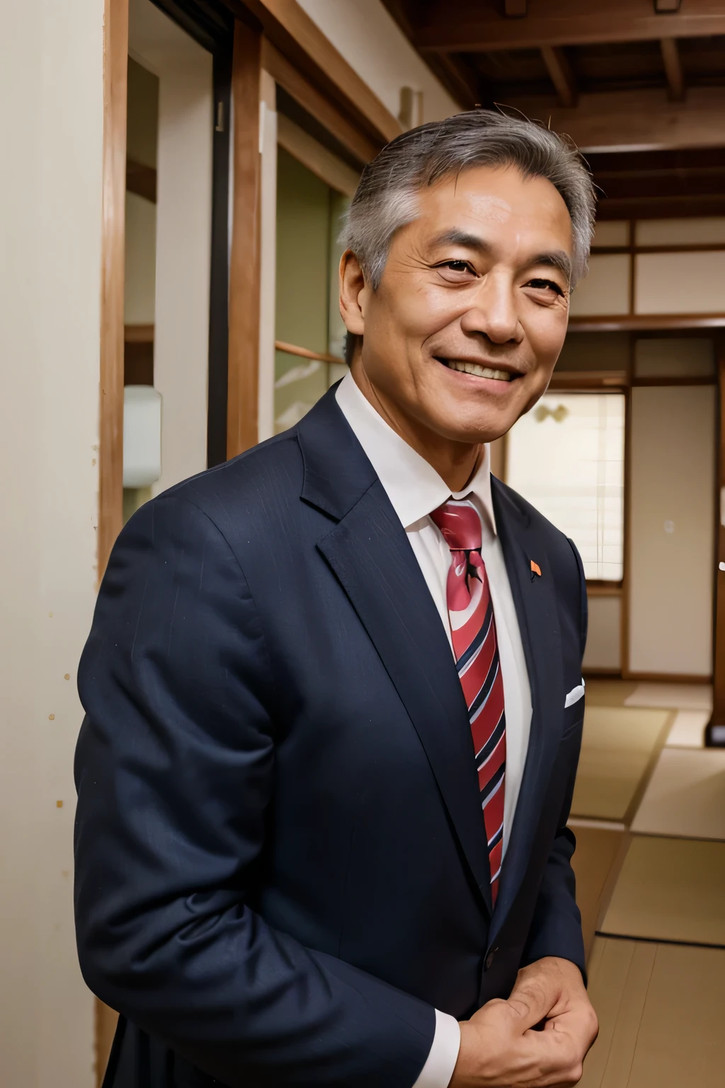 63 years old、male、Japanese、Rugby body type、Wearing a suit、smile、looking at the camera