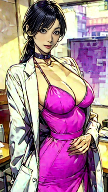 masterpiece, hot shot, ((best quality)), absurdres, perfect antomy, Tae Takemi, (Small smile), necklace, choker, dress, (Big breasts:1.3), braless, defined abdomen, labcoat, standing, doctor office background, sexy pose