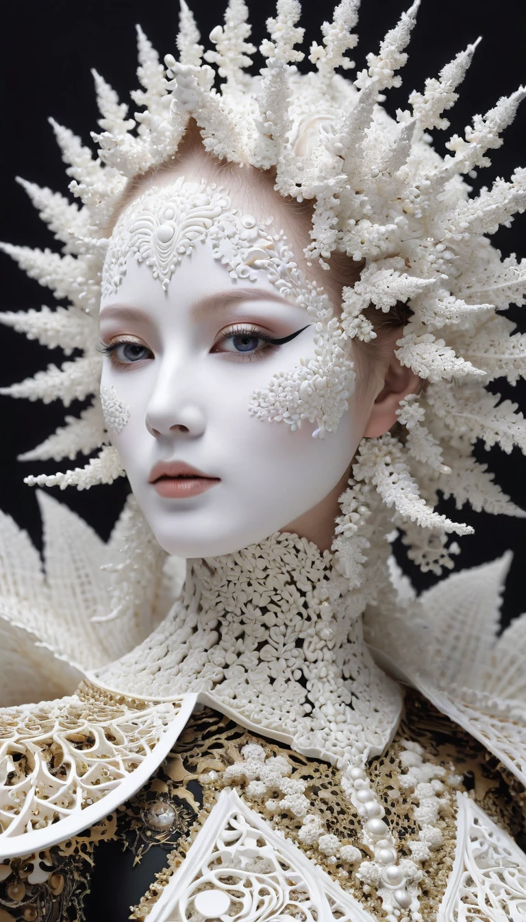 robot, mandelbrot, cellular automata, human face, extremely white face powder, heavy make-up, pixiv, hd, hq, 5d, hyper-realistic