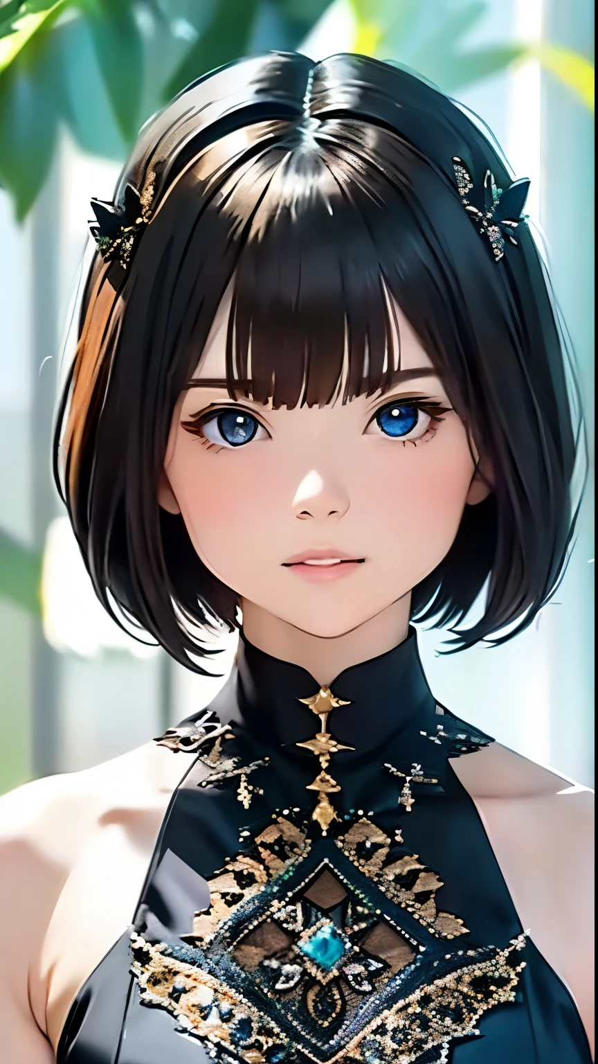  (masterpiece), Realistic, (Portrait of a Girl), Beautiful Face,
sunlight, Cinematic Light, bangs, Beautiful woman, Beautiful Eyes, Short black hair, 
Perfect Anatomy, very cute, Princess Eyes, (Black eyes), (Frame Head), Centered, Stylized, 
Bioluminescence, 8K resolution, A low-cut white dress with small blue details, Human hand, 
Full of surprises, elegant, Approaching perfection, dynamic, Very detailed, Character Sheet , 
Concept Art, soft , Make sure your body is symmetrical and balanced、Look straight at the viewer, 
Very beautiful, short black detailed hairstyle with bangs,