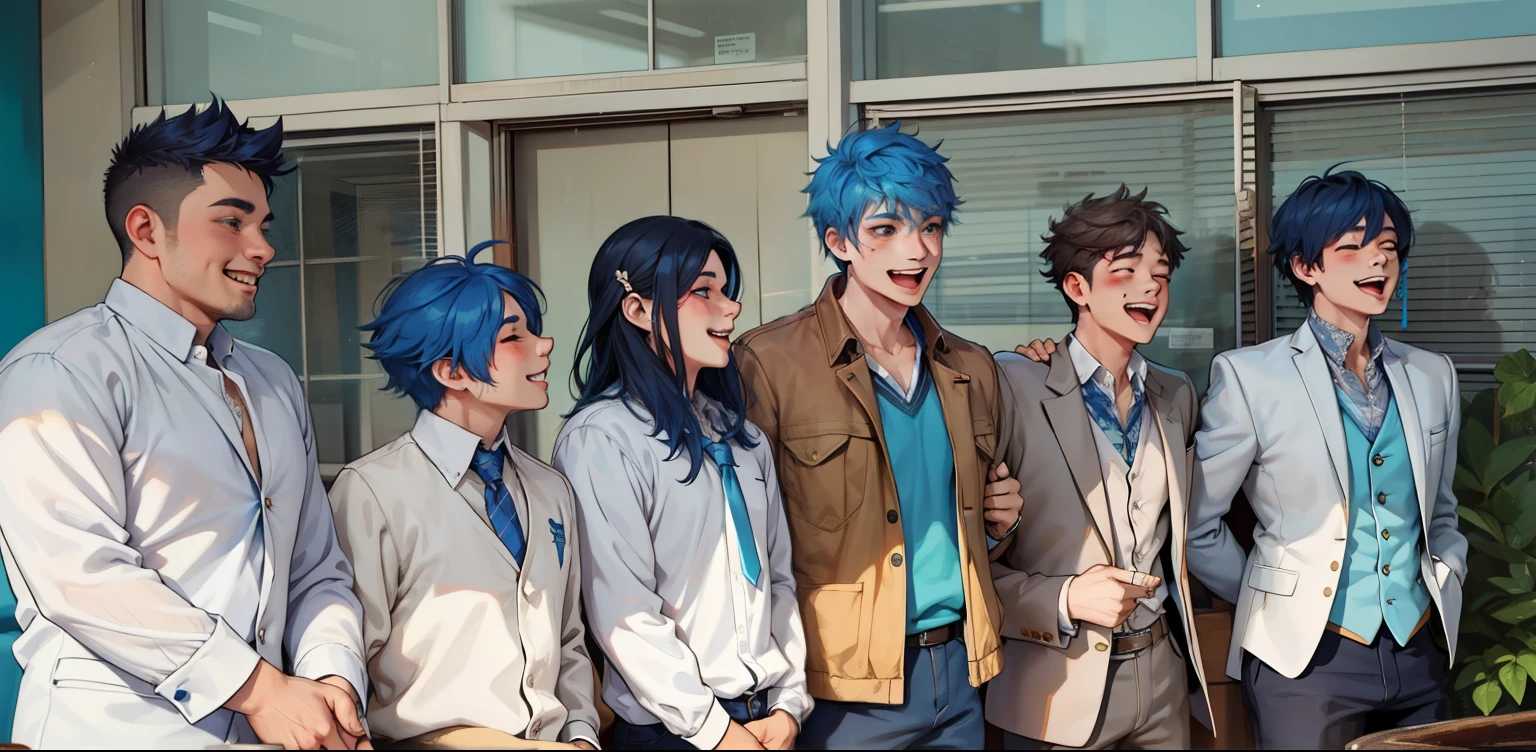 There are two boys with blue hair, they love each other, they smile with joy.