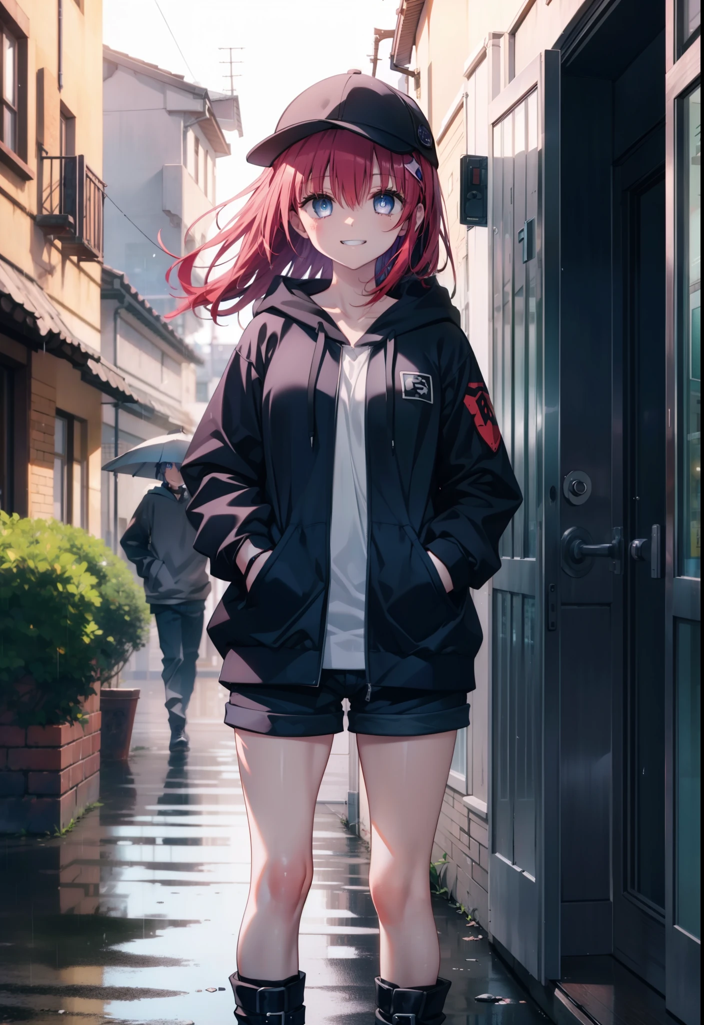 (masterpiece, Highest quality:1.2),shape,8K,High resolution,mea kurosaki,Mea Kurosaki,Redhead,Long Hair,Purple eyes,1 Girl,Baseball hats,Oversized black hoodie,Black shorts,short boots,Grin,smile,Both hands are in the pockets of the hoodie,Hiding in a roofed building,Standing leaning against a wall,rain,night,whole bodyがイラストに入るように,
break looking at viewer,whole body,
break indoors, Alley,
break (masterpiece:1.2), Highest quality, High resolution, ユニティ 8K 壁紙, (shape:0.8), (Beautiful and beautiful eyes:1.6), Highly detailed face, Perfect lighting, Highly detailed CG, (Perfect hands, Perfect Anatomy),