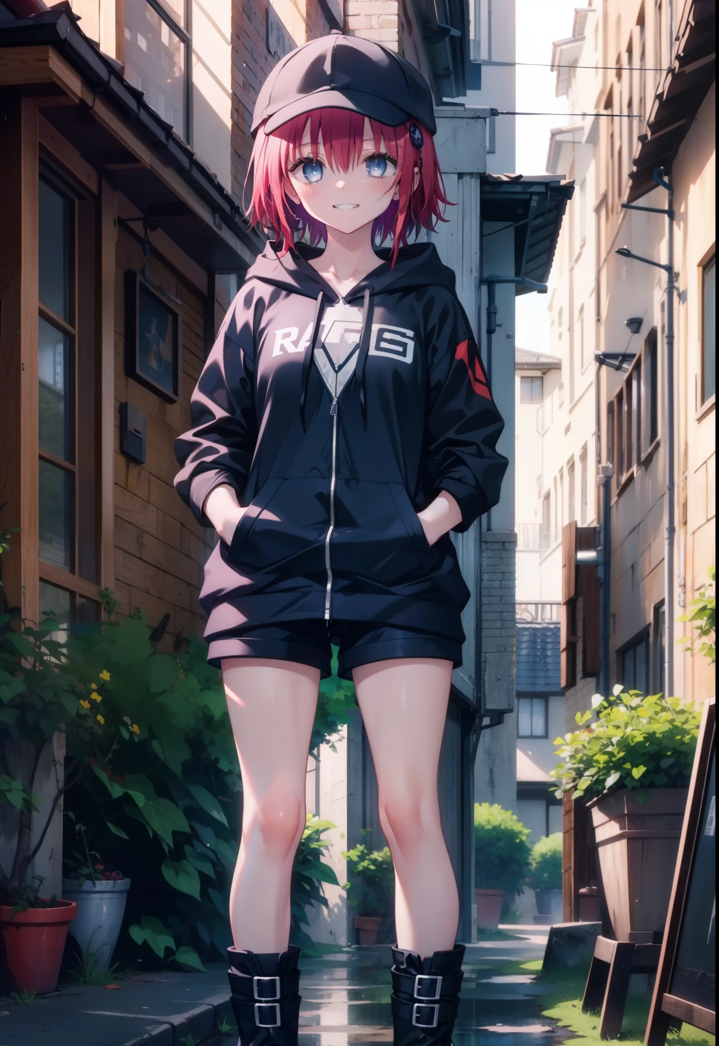 (masterpiece, Highest quality:1.2),shape,8K,High resolution,mea kurosaki,Mea Kurosaki,Redhead,Long Hair,Purple eyes,1 Girl,Baseball hats,Oversized black hoodie,Black shorts,short boots,Grin,smile,Both hands are in the pockets of the hoodie,Hiding in a roofed building,Standing leaning against a wall,rain,night,whole bodyがイラストに入るように,
break looking at viewer,whole body,
break indoors, Alley,
break (masterpiece:1.2), Highest quality, High resolution, ユニティ 8K 壁紙, (shape:0.8), (Beautiful and beautiful eyes:1.6), Highly detailed face, Perfect lighting, Highly detailed CG, (Perfect hands, Perfect Anatomy),