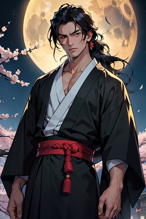 (masterpiece), best quality, ultra-high resolution, ((one man)), male, elegant, japanese God, Tsukuyomi, expressive eyes, perfect face, half body, looking at viewer, dutch angle, cowboy shot, (long black hair), (golden eye color), handsome, night time, crescent moon, japanese clothing, black blue kimono, cherry blossoms, dynamic light, beautiful colors, milky way, hd, serpent lower body