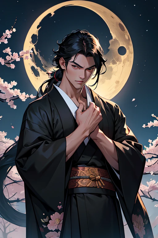 (masterpiece), best quality, ultra-high resolution, ((one man)), male, elegant, japanese God, Tsukuyomi, expressive eyes, perfect face, half body, looking at viewer, dutch angle, cowboy shot, (long black hair), (golden eye color), handsome, night time, crescent moon, japanese clothing, black blue kimono, cherry blossoms, dynamic light, beautiful colors, milky way, hd, serpent lower body